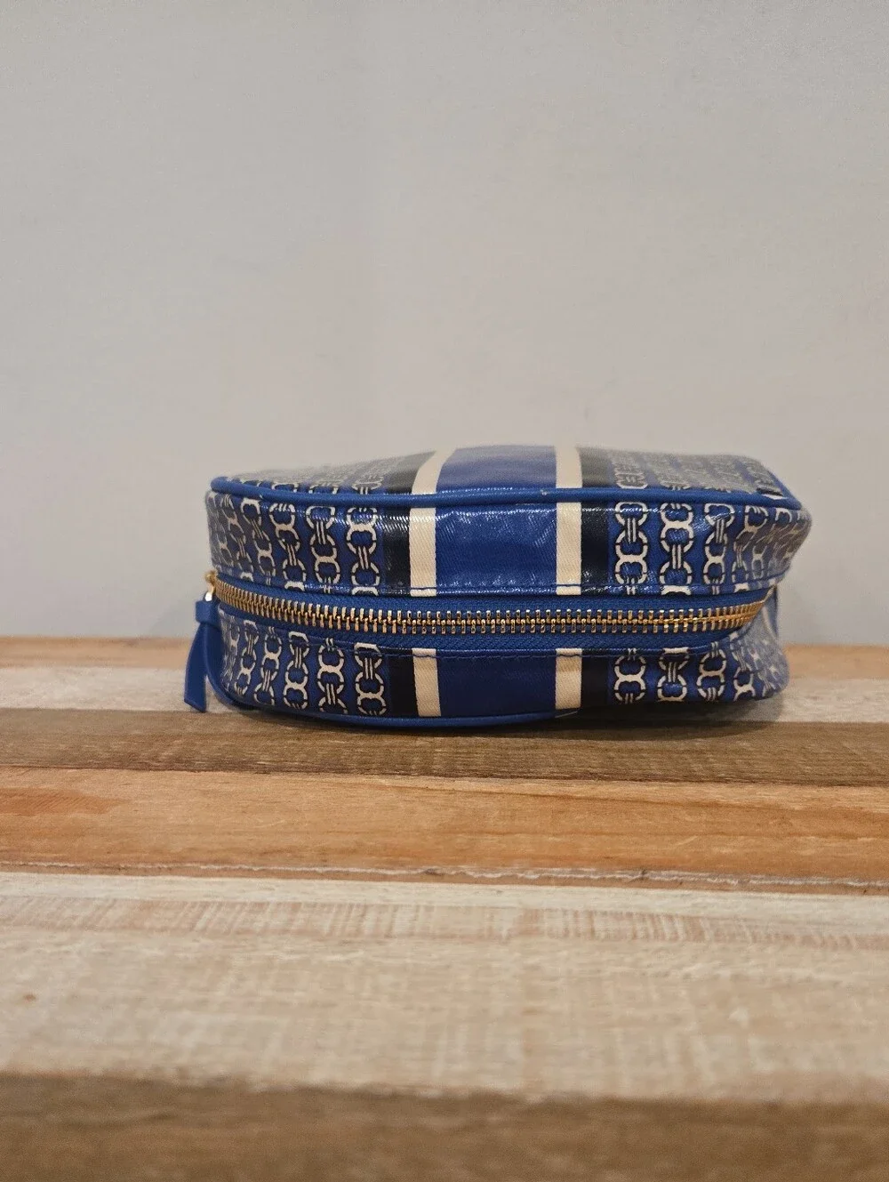 Tory Burch Gemini Link Stripe Makeup Bag With Vertical Striped Design.